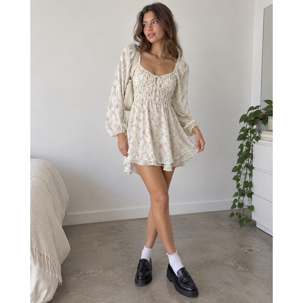 For Love & Lemons Strudel Dress S Floral Mini Puff Sleeve Cottagecore Ruched